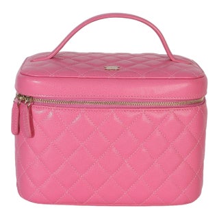Pink Quilted Caviar Large Top Handle Vanity Case For Sale