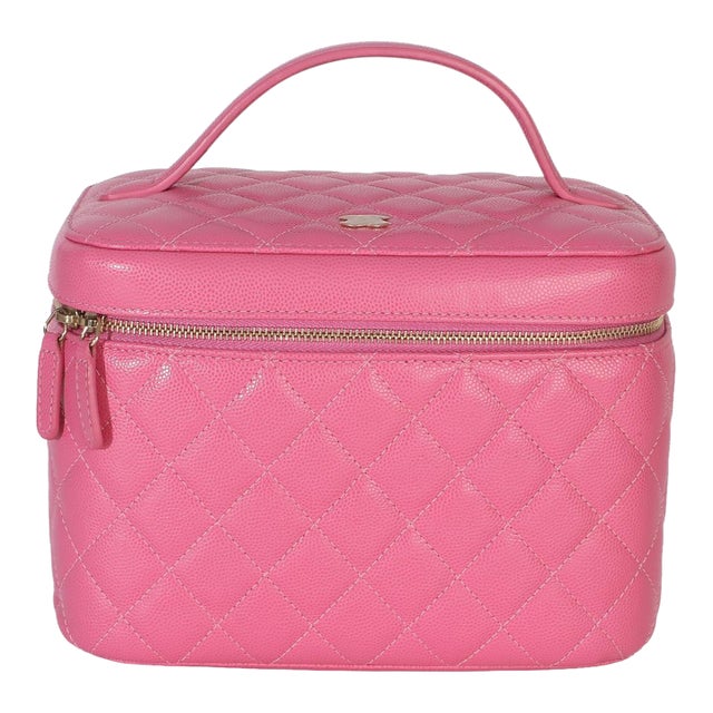 Pink Quilted Caviar Large Top Handle Vanity Case For Sale
