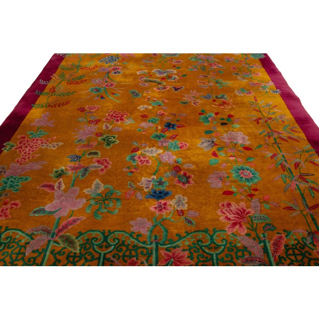 Antique Designed Art Deco Chinese Wool Rug Handmade in Goldenrod Color For Sale In New York - Image 6 of 10