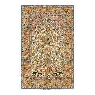1940s Ivory Medallion Antique Persian Isfahan Rug 3'7" X 5'8" Handknotted Wool Carpet For Sale