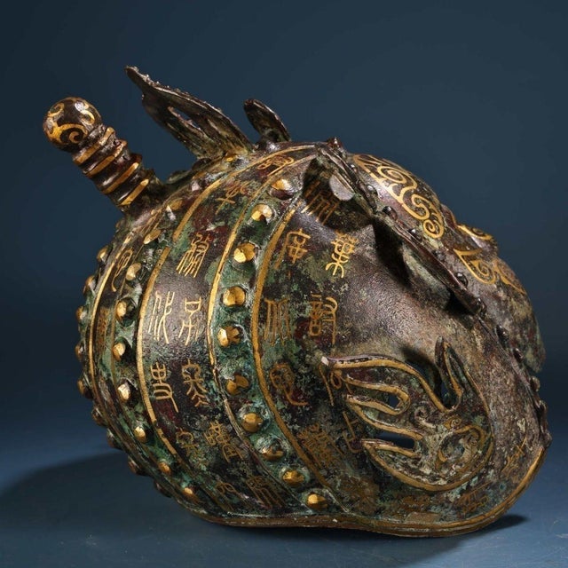 Ancient Chinese Bronze Helmet With Gold Inlay Mask – Intricate Gilded Face Armor Sculpture For Sale - Image 6 of 10