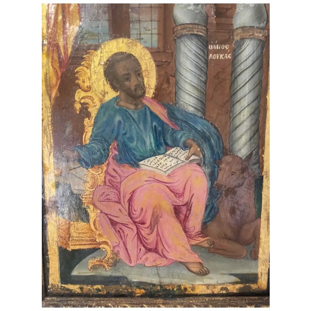 Antique Greek Orthodox Icon – St. Luke the Evangelist With Ox, Hand-Painted Tempera Gilded Wood 17.5” X 13” Rare Find For Sale - Image 4 of 10