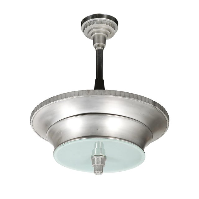 Metal 1930s Art Deco Brushed Aluminum & Frosted Glass Chandelier With Fluted Detailing For Sale - Image 7 of 13