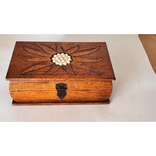 French Wooden Box with Geometric Floral Ceramic Inlay, 1950s For Sale - Image 3 of 15