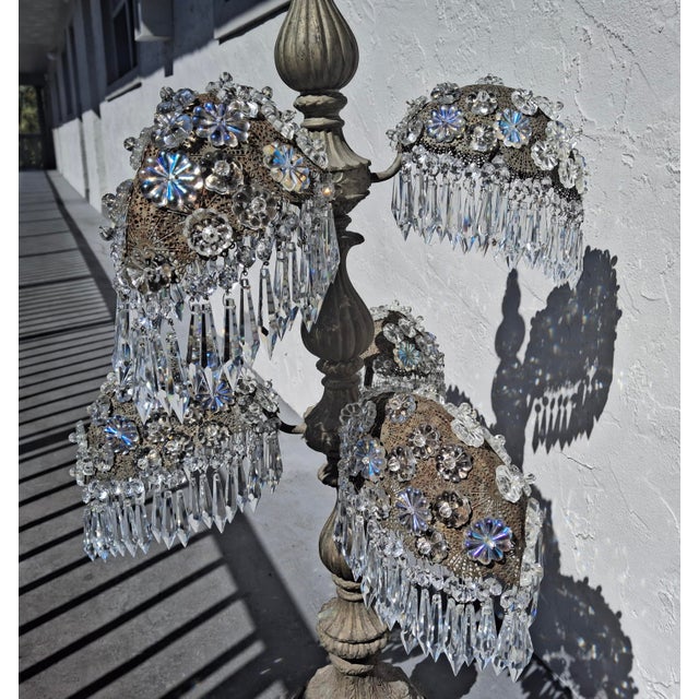 1920s XL 1920's Opulent Hollywood Regency Palm Tree With Cut Crystal Table Lamp For Sale - Image 5 of 18