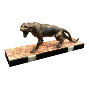 Early 20th Century Art Deco Panther Sculpture on Marble Base