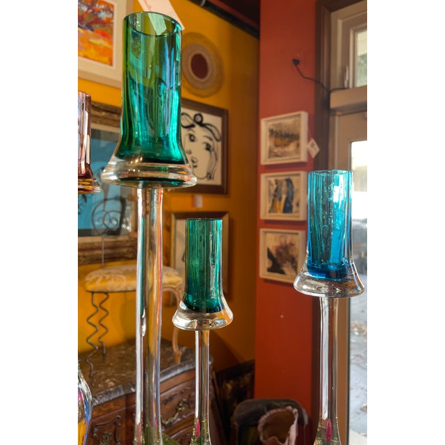 Bright Green Rare Set of 6 Signed Vintage Gino Cenedese Murano Sommerso Glass Candlesticks For Sale - Image 8 of 15