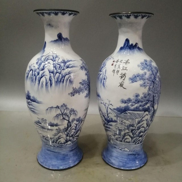Pair of Vintage Chinese Cloisonné Vases | Blue & White Landscape Scene With Calligraphy For Sale In Los Angeles - Image 6 of 9