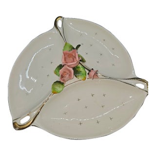 Vintage Mid-Century Lefton Porcelain Divided Dish With Applied Flowers For Sale