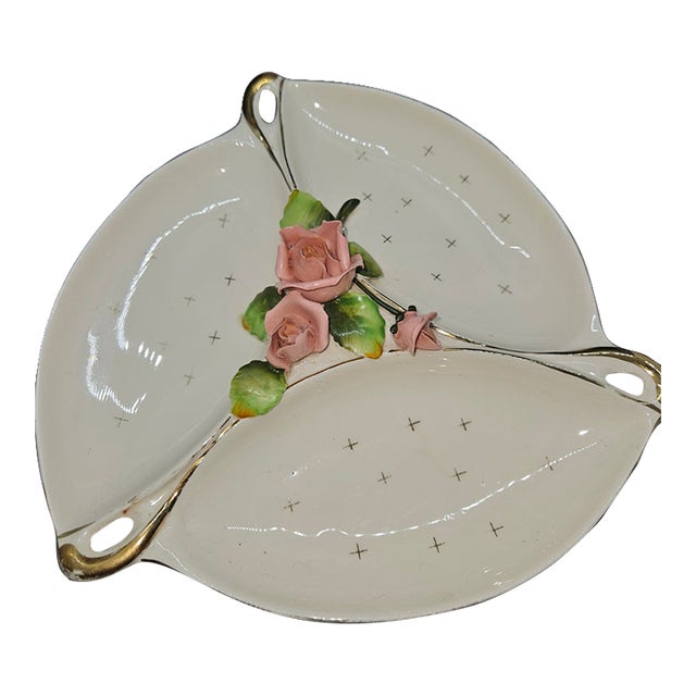Vintage Mid-Century Lefton Porcelain Divided Dish With Applied Flowers For Sale