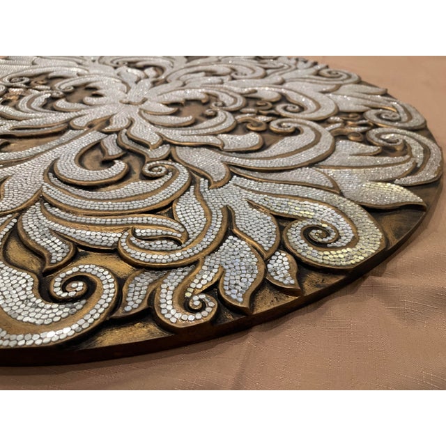 Oversized Baroque Filigree Round Carved Medallion Wall Plaque With Metallic Micro-Beading For Sale In San Diego - Image 6 of 12