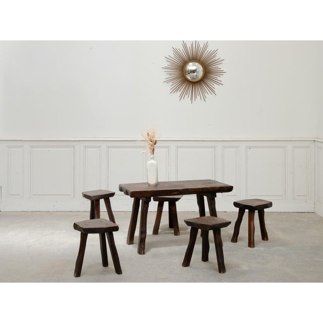 Brutalist Coffee Table and Stools in Blackened Pine, 1960, Set of 6 For Sale - Image 13 of 13
