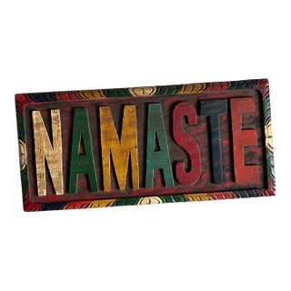 Hand-Carved Painted Wooden Namaste Wall Plaque Hanging Decor For Sale