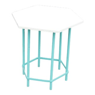 Mid Century Modern Teal Painted Base Hexagon Top Patio Side Table For Sale
