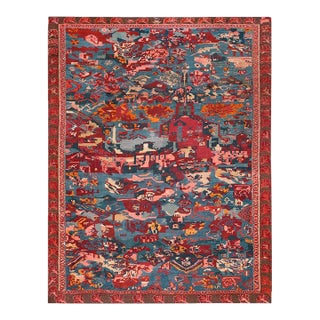 1900s Blue Abstract Tribal Antique Caucasian Sumak Rug 4'9" X 6' Handknotted Wool Carpet For Sale