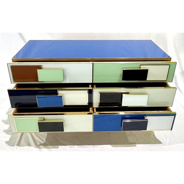 Italian Mondrian Style Blue Green White Brown Modern Brass Dresser/Chest For Sale - Image 17 of 17