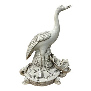 Vintage Off White Porcelain Crane on Dragon Turtle Fengshui Figure For Sale
