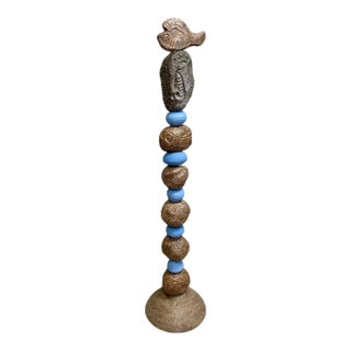 Marc Zimmerman "Stone Perch 5" Glazed Ceramic Totem, 62 Inches Tall, Organic Sphere Forms, Neutral Glaze, Bird Finial, Contemporary Art West Coast For Sale