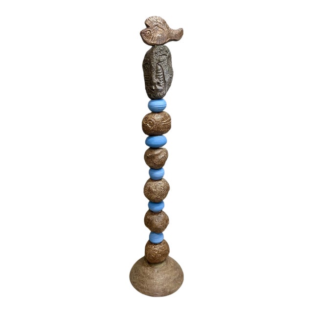 Marc Zimmerman "Stone Perch 5" Glazed Ceramic Totem, 62 Inches Tall, Organic Sphere Forms, Neutral Glaze, Bird Finial, Contemporary Art West Coast For Sale