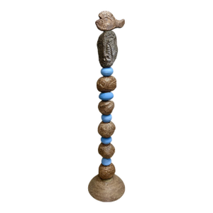 Marc Zimmerman "Stone Perch 5" Glazed Ceramic Totem, 62 Inches Tall, Organic Sphere Forms, Neutral Glaze, Bird Finial, Contemporary Art West Coast