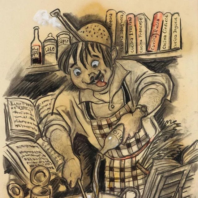 Modern Nicola Benois, Man in the Kitchen, 20th Century, Mixed Media on Paper For Sale - Image 3 of 10