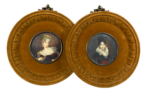 Miniatures with Female Portraits in Vintage Velvet Frames, 20th Century, Set of 2