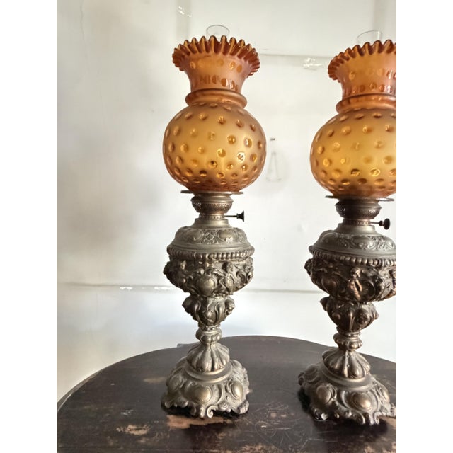 Oil Lamps in Bronze and Amber Glass, 1930, Set of 2 For Sale - Image 4 of 9