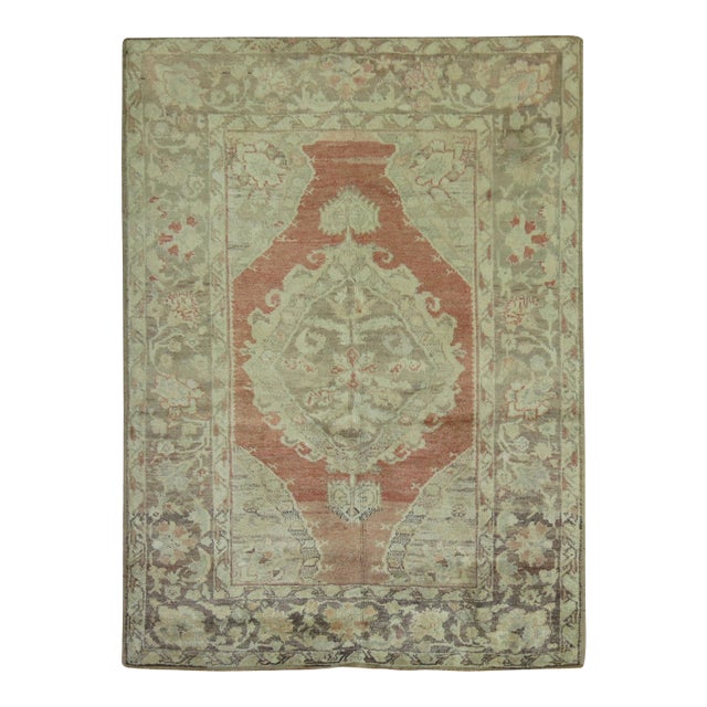 Zabihi Collection Terracotta Antique Turkish Oushak Scatter Rug - 3'10" x 5'2" For Sale