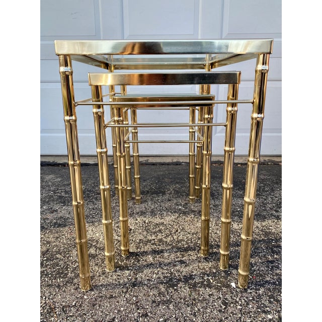 Hollywood Regency Late 20th Century Faux Bamboo Chinoiserie Brass Nesting Tables – Set of Three For Sale - Image 3 of 9
