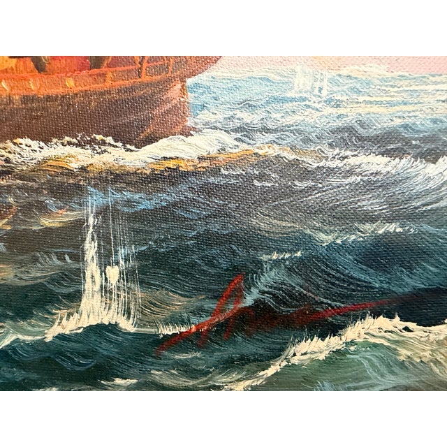 Original Marine Naval Battle Oil Painting Sailing Ships Seascape Framed, Signed For Sale - Image 4 of 12