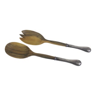 French Wood and Silver Salad Servers With Silver Handles Birks Regency Plate Old English Pattern, Made in France- Set of 2 For Sale