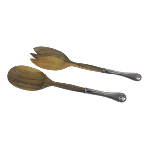 French Wood and Silver Salad Servers With Silver Handles Birks Regency Plate Old English Pattern, Made in France- Set of 2