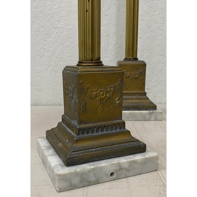 Early 20th Century Italian Plate Brass Spelter & Marble Base Candle Holders For Sale - Image 4 of 8