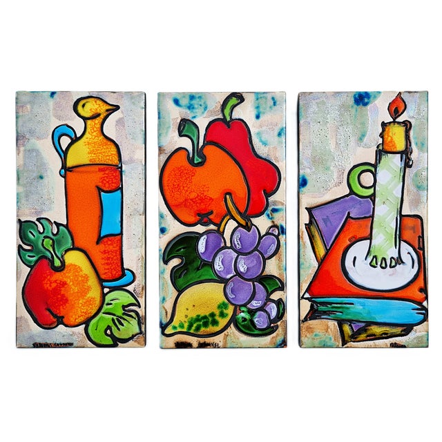 Hand-Painted Ceramic Tiles from Vallauris, 1980, Set of 3 For Sale - Image 9 of 11