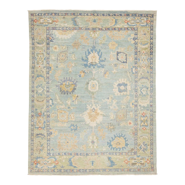 Modern Sultanabad Hand-Knotted Wool Area Rug – Soft Muted Blue & Sage 8 X 11 For Sale