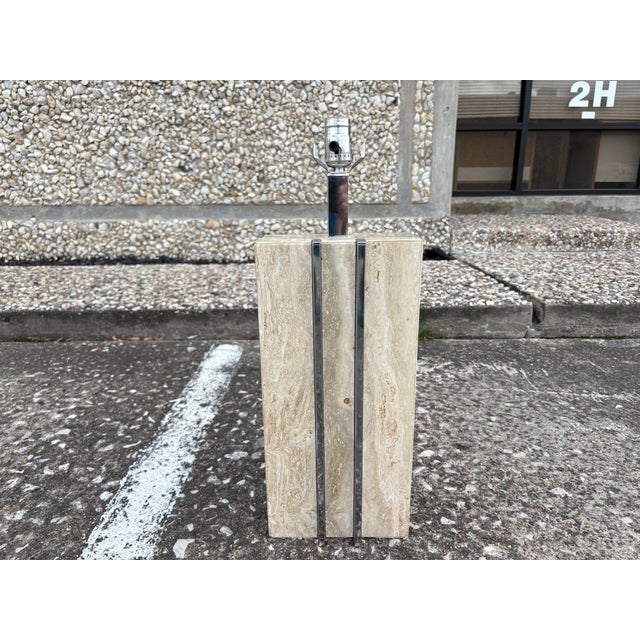 Italian Modern Travertine And Chrome Lamp By Romeo Rega. This substantial vintage Italian travertine lamp has two vertical...