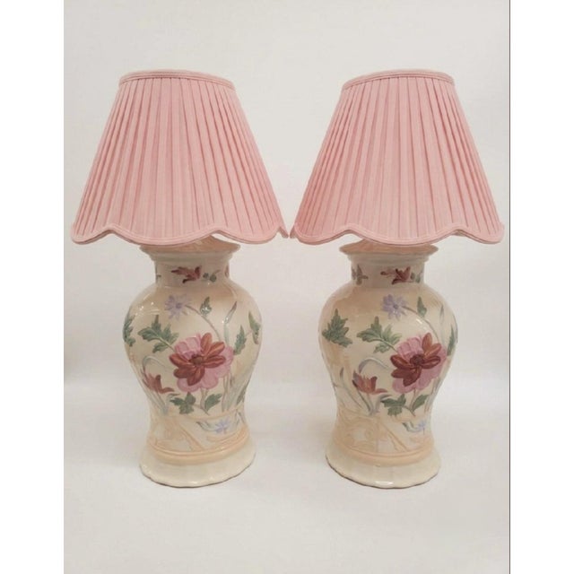 1970s ​Vintage Chinoiserie Floral Pink Green Pagoda Ginger Jar Table Lamps - A Pair For Sale - Image 5 of 9