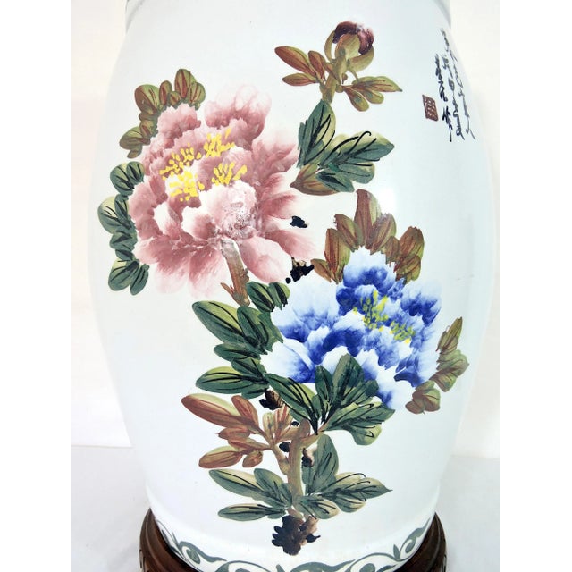 White Vintage Chinese White Porcelain Garden (Drum) Stool With Green Bamboo, Pink & Blue Flowers, Side Table on Custom Rosewood Wood Display Stand For Sale - Image 8 of 11