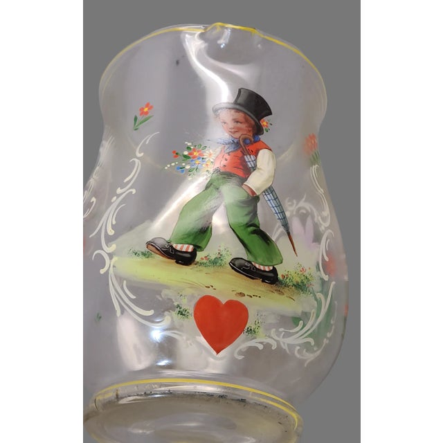 Green Antique Victorian Blown Glass Hand Painted Figural Floral Valentine Motif Water Pitcher For Sale - Image 8 of 9
