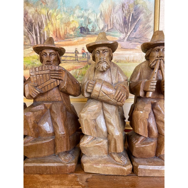Folk Art Vintage Hand-Carved Wood Folk Art Musician Figurines, Set of 4 Seated Players For Sale - Image 3 of 11
