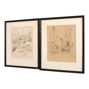 Pair Salvatore Pinto Framed Matted & Signed City Etchings