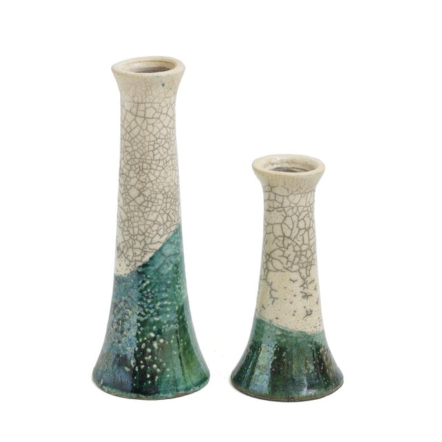 Japanese Modern White Green Raku Ceramic Stelo Flow Candle Holders by Laab Milano, Set of 2 For Sale - Image 13 of 13