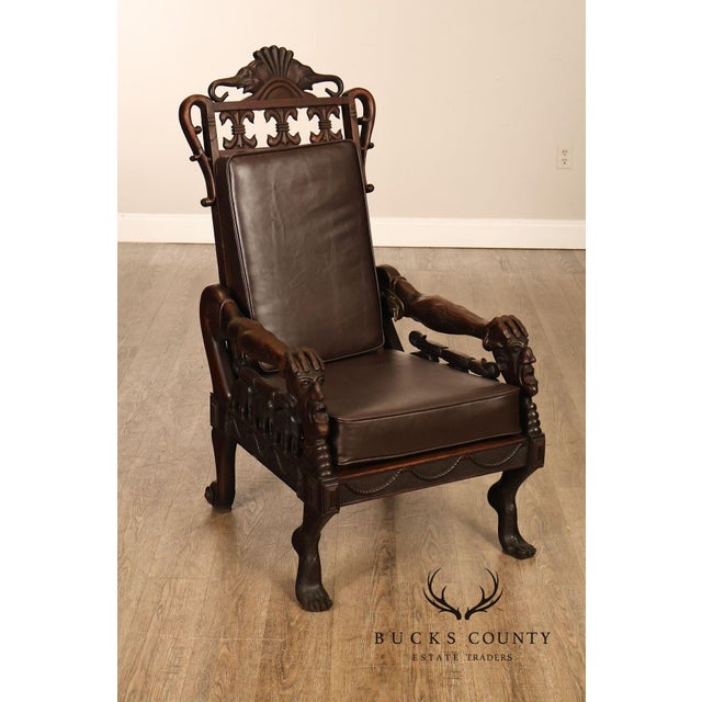 High Quality Antique Unusual Reclining Hardwood Armchair Featuring Carved Figural Human, Elephant Crest, Human Hand Arm...
