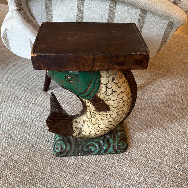 Vintage Hand Carved Painted Wooden Koi Fish Side Table/Pedestal. For Sale - Image 4 of 12
