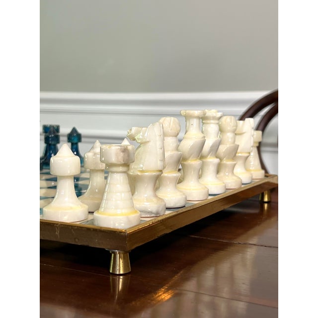 Chinese Stone Chess Set on Brass Framed and Footed Board in Blue and White, 1960s For Sale - Image 11 of 15