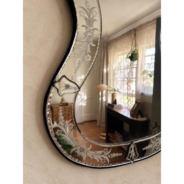 Antique Venetian Style Etched Floral Mirror With Ornate Scrolled Crest For Sale - Image 4 of 4