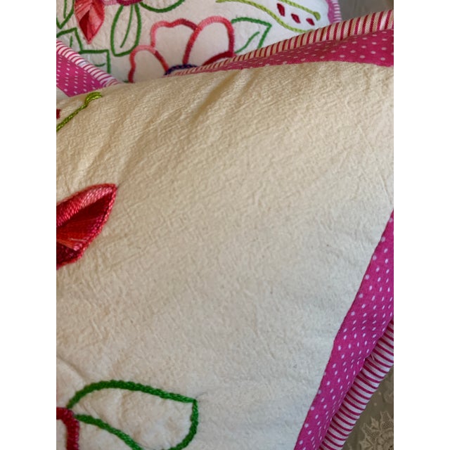White Vintage Pair of Pink & White Rose Hand-Embroidered Decorative Pillows For Sale - Image 8 of 12
