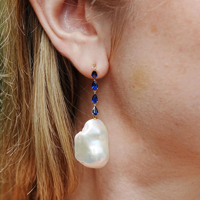 Nina Zhou Sapphire Diamond & Baroque Pearl Convertible Drop Earrings in 14k Yellow Gold - A Pair For Sale In Los Angeles - Image 6 of 11