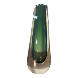Vintage Coastal Hand Blown Green Cased Art Glass Vase With Cut Rim For Sale