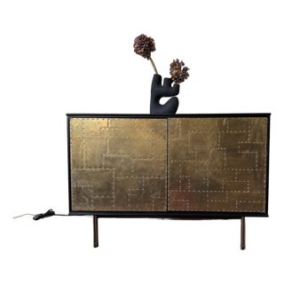 Organic Modernism Brutalist Brass and Dark Oak Media Console For Sale